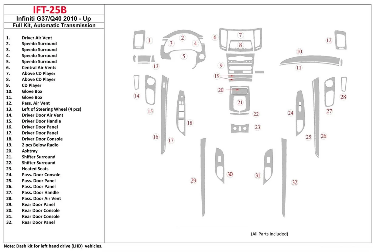 Infiniti G37 2DR Coupe 2010-UP Automatic Gearbox,NAVI Mascherine sagomate per rivestimento cruscotti 