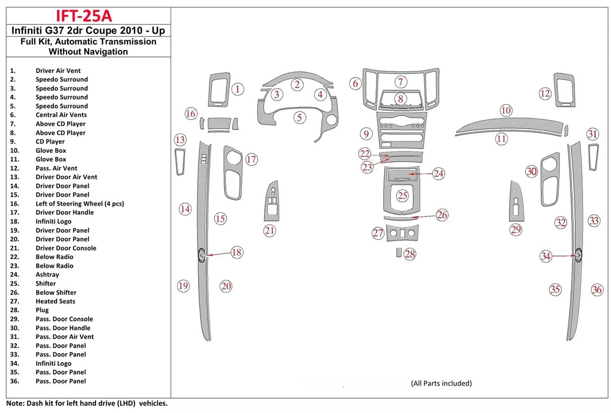 Infiniti G37x Sedan 2010-UP Ensemble Complet, Automatic Gear BD Décoration de tableau de bord