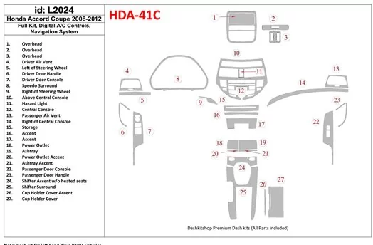 Honda Accord 2008-2012 Full Set, 2 Doors (Coupe), Automatic AC Control, With NAVI system BD Interieur Dashboard Bekleding Volhou