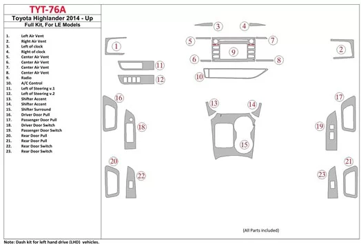 Toyota Highlander 2014-UP Ensemble Complet, fits LE Models BD Décoration de tableau de bord