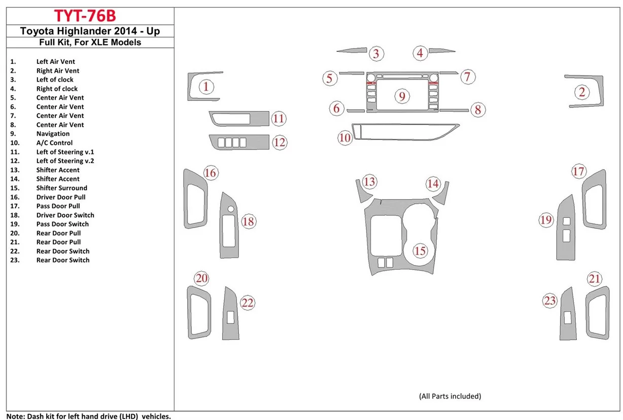 Toyota Highlander 2014-UP Full Set, fits XLE Models Interior BD Dash Trim Kit