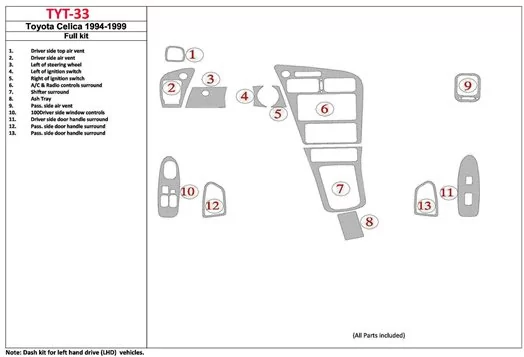 Toyota Celica 1994-1996 2 Doors, 13 Parts set BD Interieur Dashboard Bekleding Volhouder