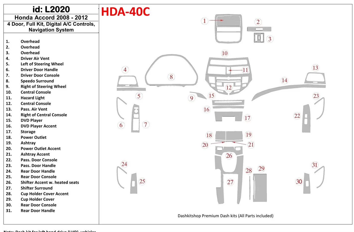 Honda Accord 2008-2012 Full Set, 4 Doors, Automatic AC Control, With NAVI system BD Interieur Dashboard Bekleding Volhouder