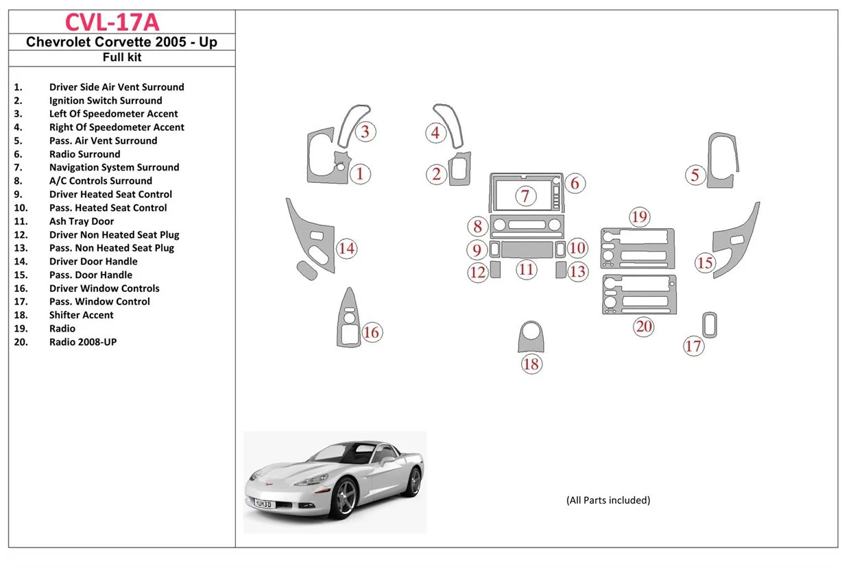 Chevrolet Corvette 2005-UP Ensemble Complet BD Décoration de tableau de bord