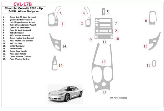 Chevrolet Corvette 2005-UP Full Set, Without NAVI system Mascherine sagomate per rivestimento cruscotti 