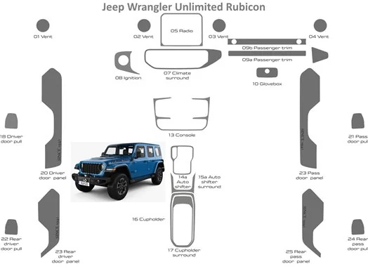 Jeep Wrangler Unlimited Rubicon 2018-2023 Inleg dashboard Interieurset aansluitend en pasgemaakt 25 Delen