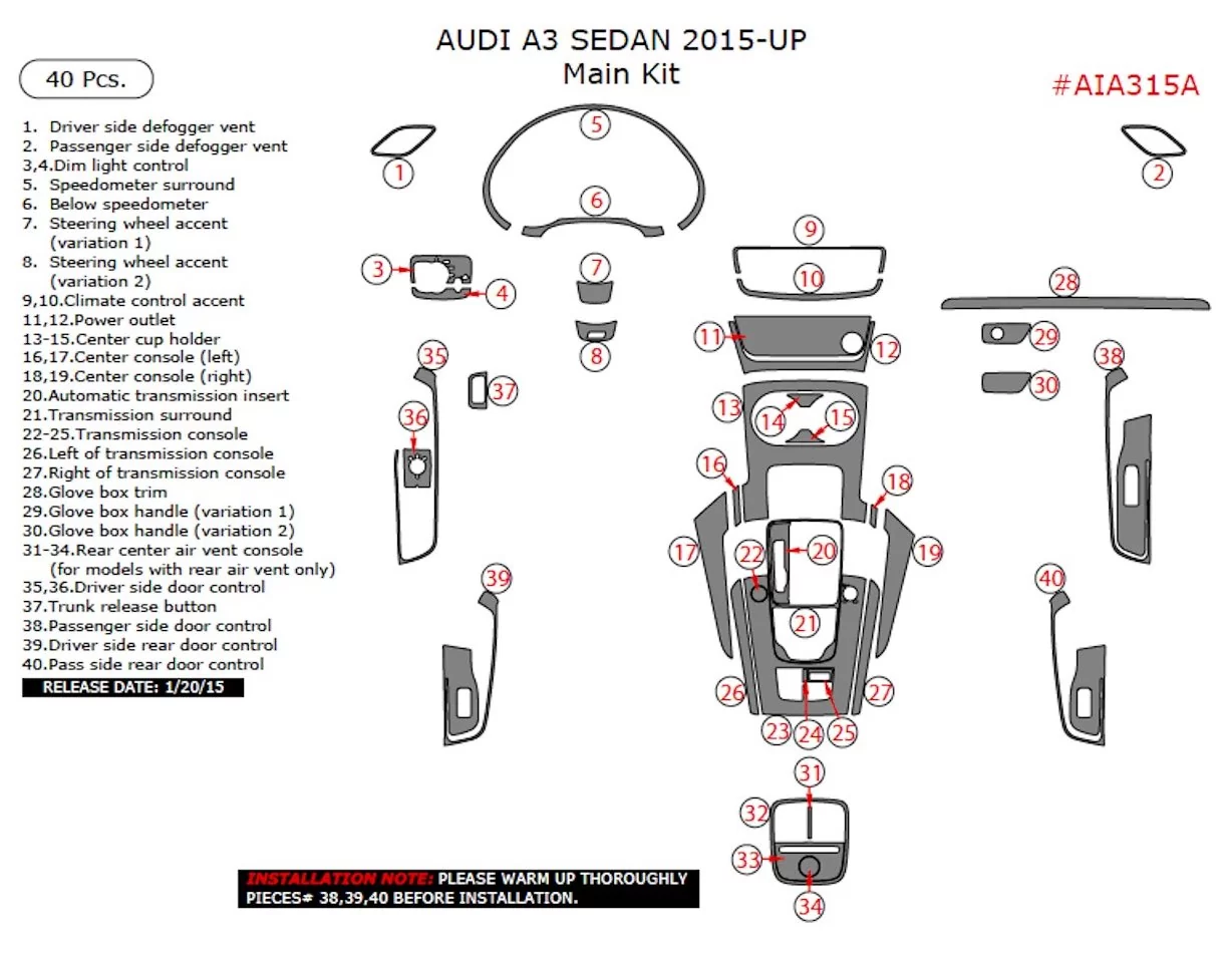 Audi A3 8V ab 2012-2018 3D Interior Dashboard Trim Kit WHZ Dash Trim Dekor 40-Parts
