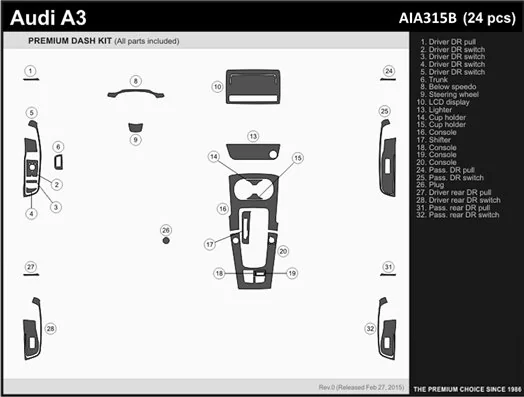 Audi A3 8V ab 2012-2018 Habillage Décoration de Tableau de Bord 24-Pièce