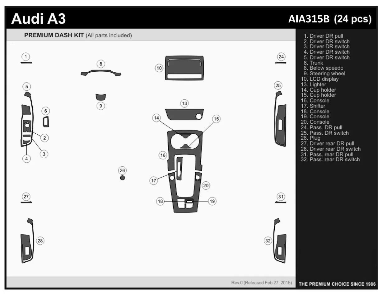 Audi A3 8V ab 2012-2018 Habillage Décoration de Tableau de Bord 24-Pièce