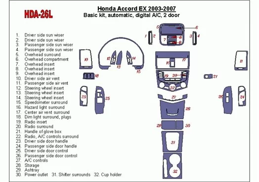 Honda Accord EX 2003-2007 Grundset, Automatic Gear, Automatic A/C, 2 Doors BD innenausstattung armaturendekor cockpit dekor - 1-