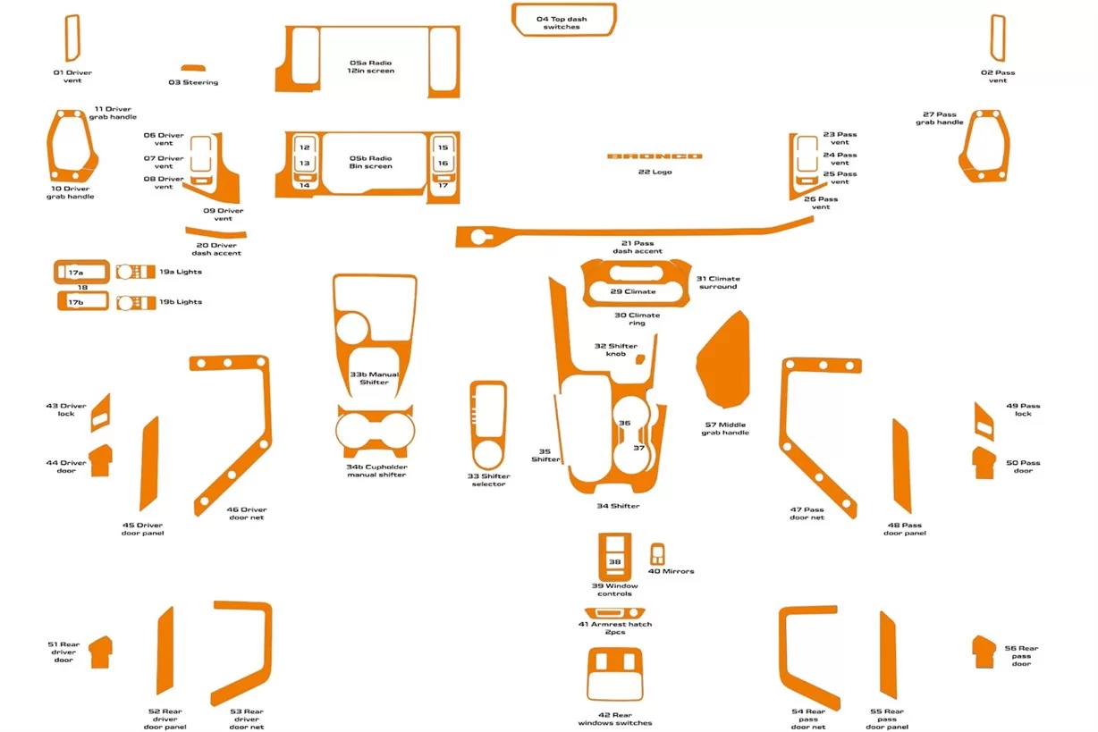 Ford Bronco 2021-2024 3D Inleg dashboard Interieurset aansluitend en pasgemaakt op he 56-Teile