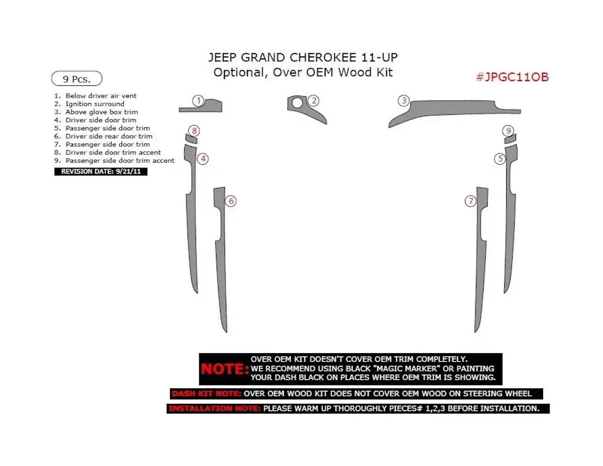 Jeep Grand Cherokee 2011-2020 Inleg dashboard Interieurset aansluitend en pasgemaakt 11 Delen