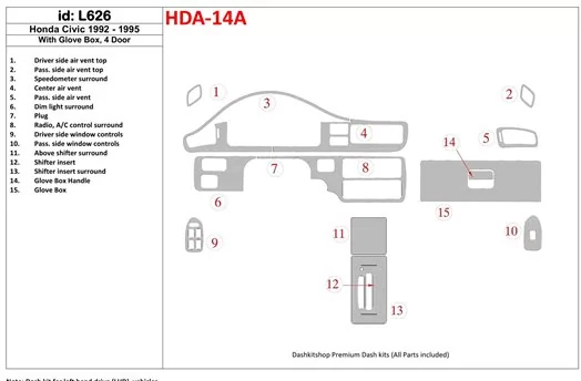 Honda Civic 1992-1995 2 Doors, With glowe-box BD innenausstattung armaturendekor cockpit dekor - 1- Cockpit Dekor Innenraum