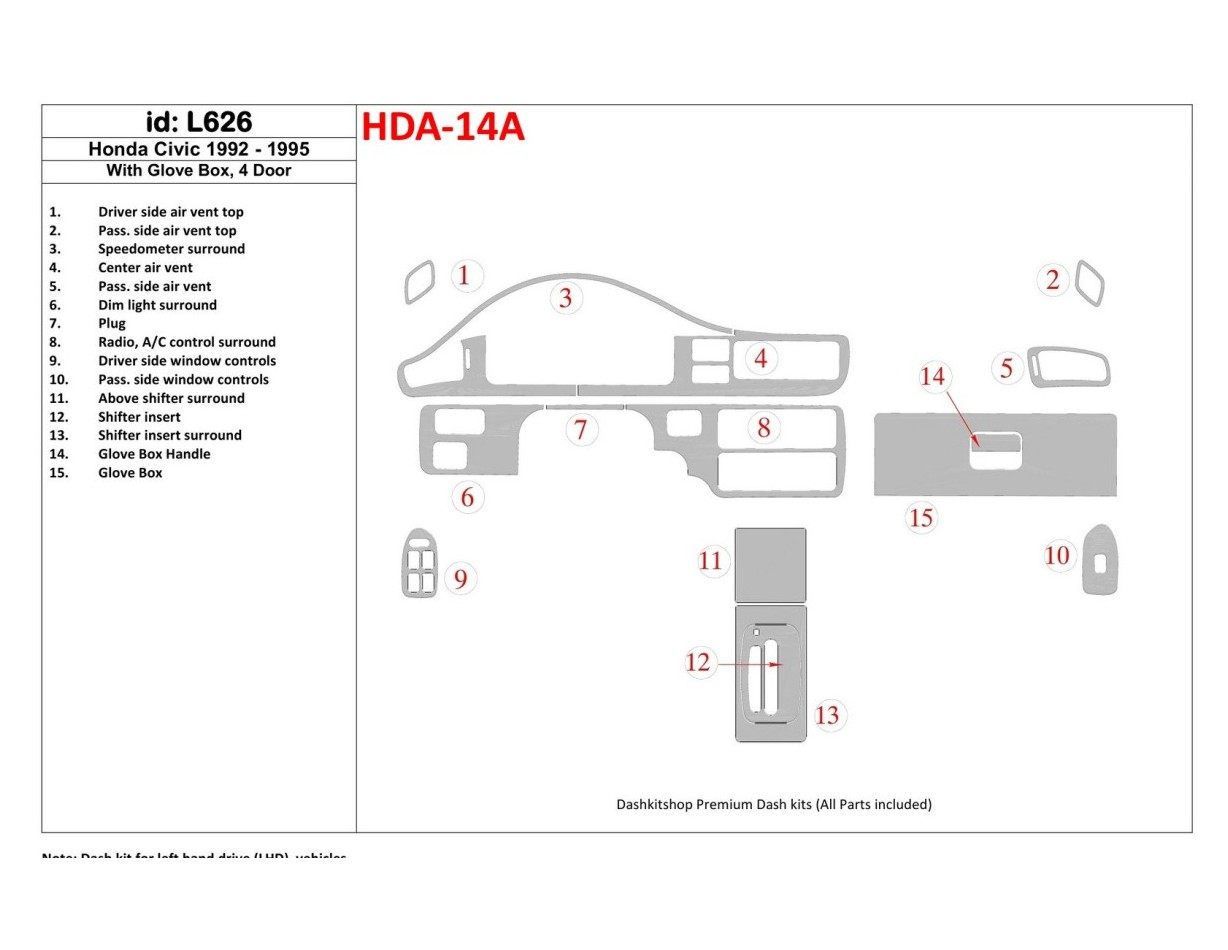 Honda Civic 1992-1995 2 Doors, With glowe-box Cruscotto BD Rivestimenti interni