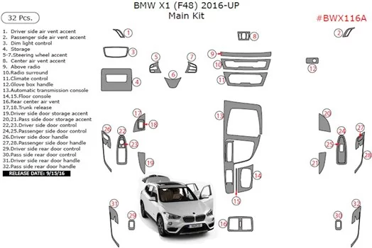 BMW X1 F48 ab 2015 3D Inleg dashboard Interieurset aansluitend en pasgemaakt op he 32-Teile