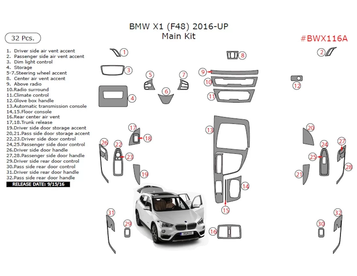 BMW X1 F48 ab 2015 3D Inleg dashboard Interieurset aansluitend en pasgemaakt op he 32-Teile