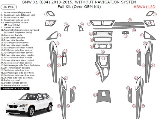 BMW X1 E84 2009–2015 3D Inleg dashboard Interieurset aansluitend en pasgemaakt op he 36-Teile