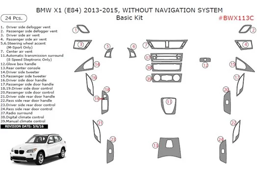 BMW X1 E84 2009–2015 Without Navigation Basic Interior Dashboard Trim Kit 24-Parts