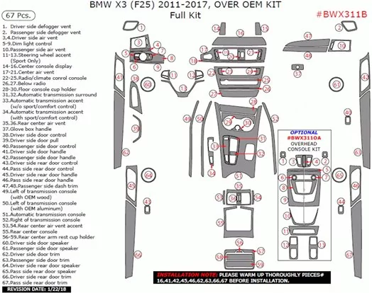 BMW X3 F25 2010–2017 3D Inleg dashboard Interieurset aansluitend en pasgemaakt op he 67-Teile