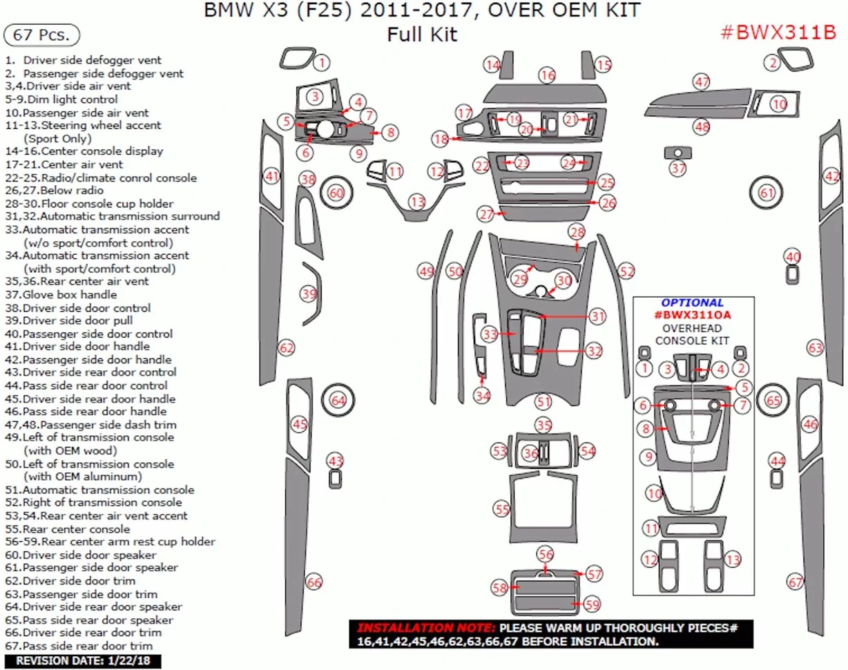 BMW X3 F25 2010–2017 Mittelkonsole Armaturendekor Cockpit Dekor 67-Teile