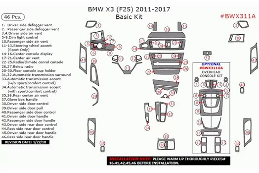 BMW X3 F25 2010–2017 3D Basis Interieur Dashboard Trim Kit Dash Trim Dekor 46-Delig