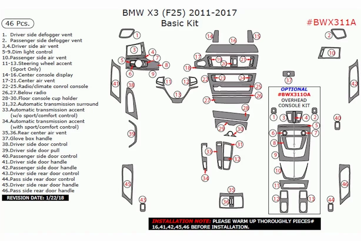 BMW X3 F25 2010–2017 Mittelkonsole Armaturendekor Cockpit Dekor 46-Teile