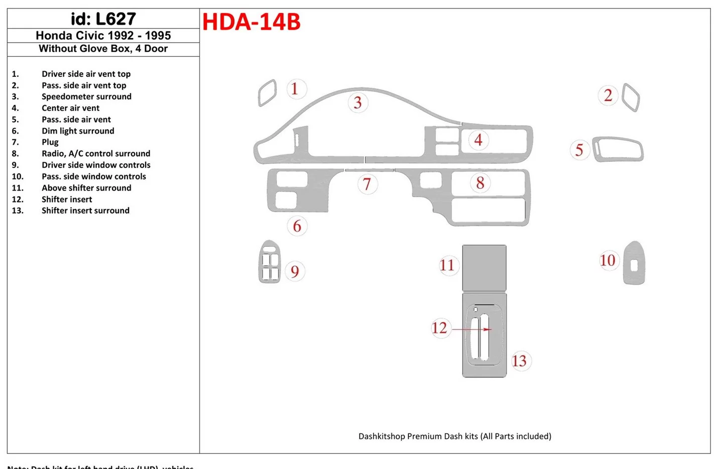 Honda Civic 1992-1995 2 Doors, Without glowe-box BD innenausstattung armaturendekor cockpit dekor - 1- Cockpit Dekor Innenraum